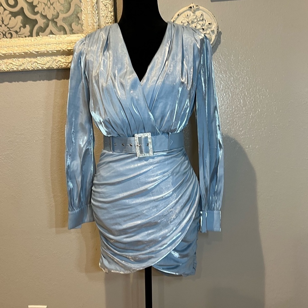Shiny blue belted mini dress